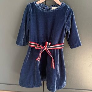 Mini Boden Navy Velvet Dress with red navy gold sparkle tie belt• 3-4Y